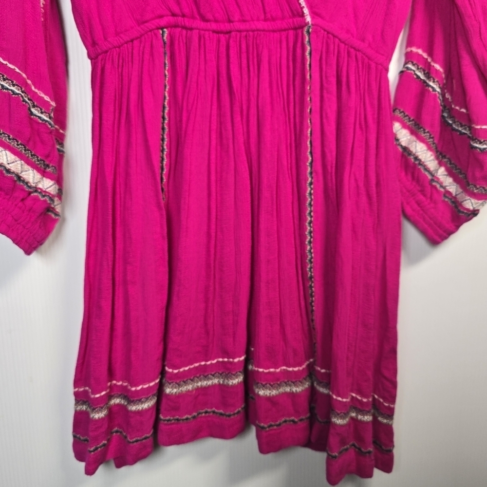 FREE PEOPLE Women's Delilah Embroidered Wrap Mini Dress In Hot Pink Boho Size M - Picture 8 of 16